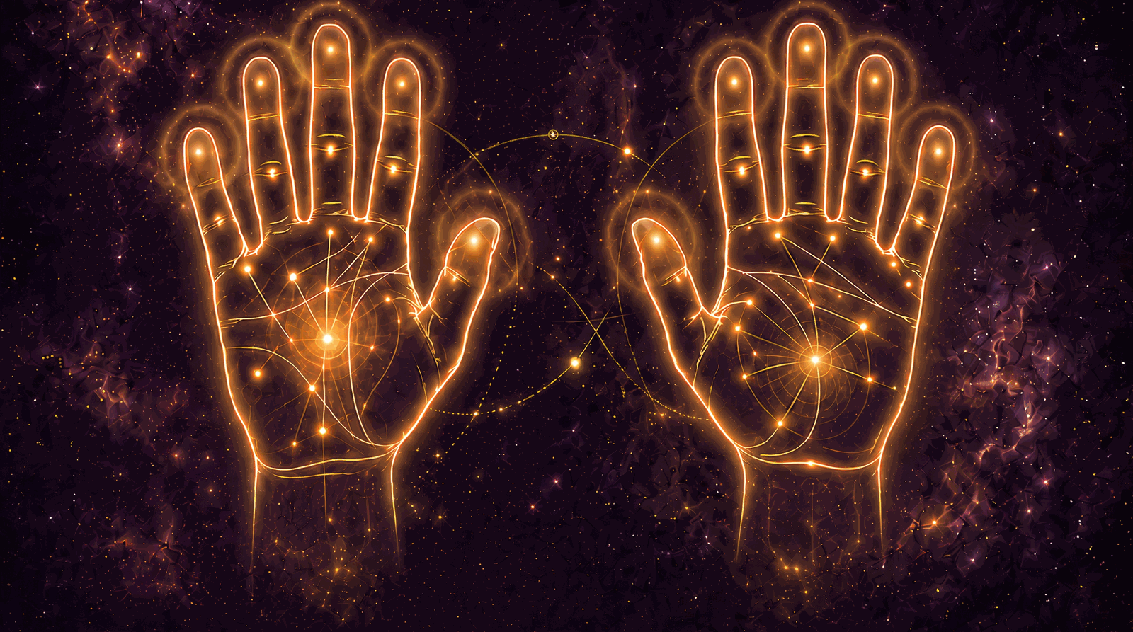 Golden sacred hands, palm reading