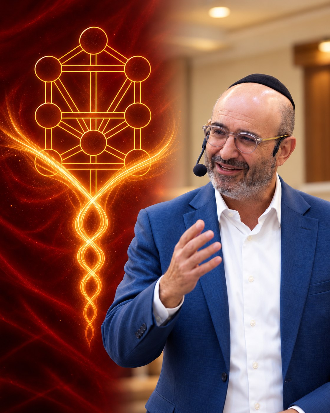 Eliyahu Jian speaking, beside the Tree of Life and the emblem from Mystical Intimacy